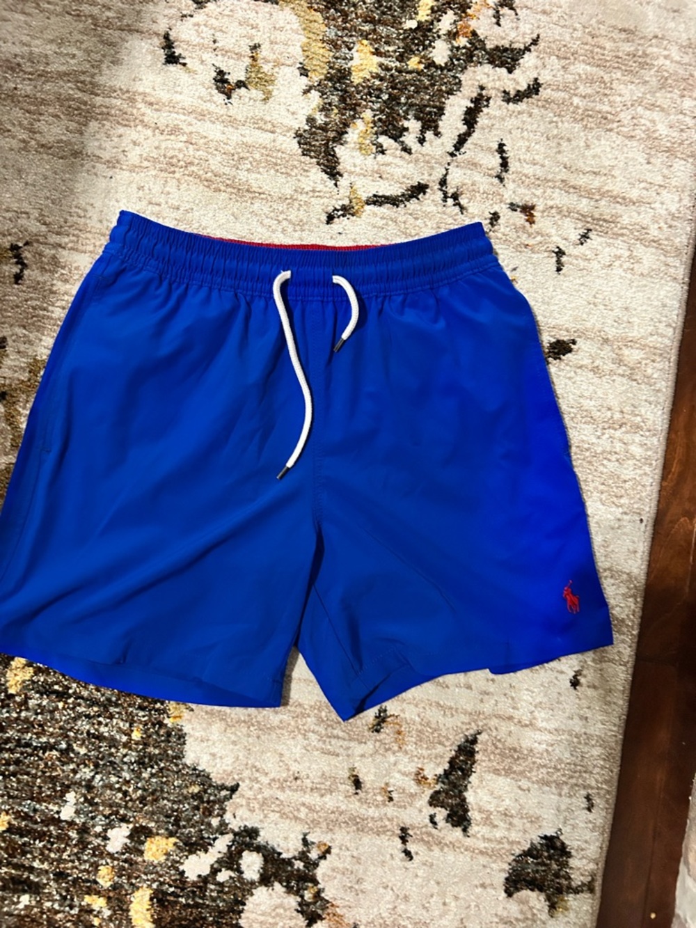Ralph Lauren Red and Blue Swim Shorts with White Mesh Lining